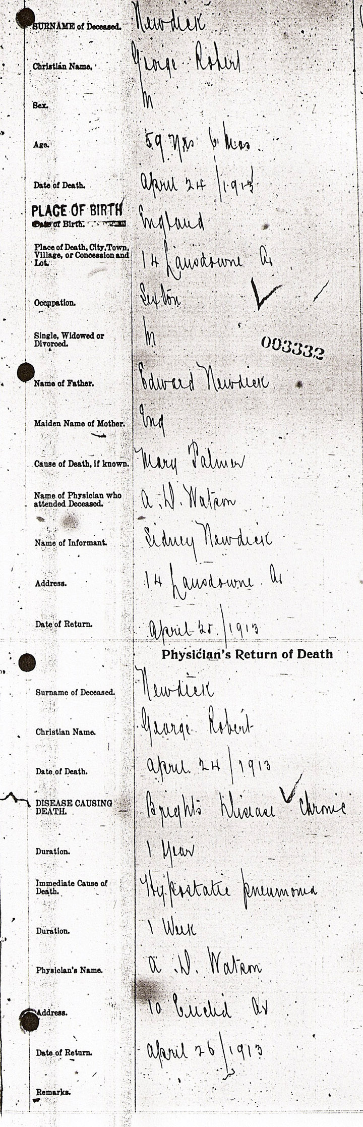 George Robert Newdick Death Registration