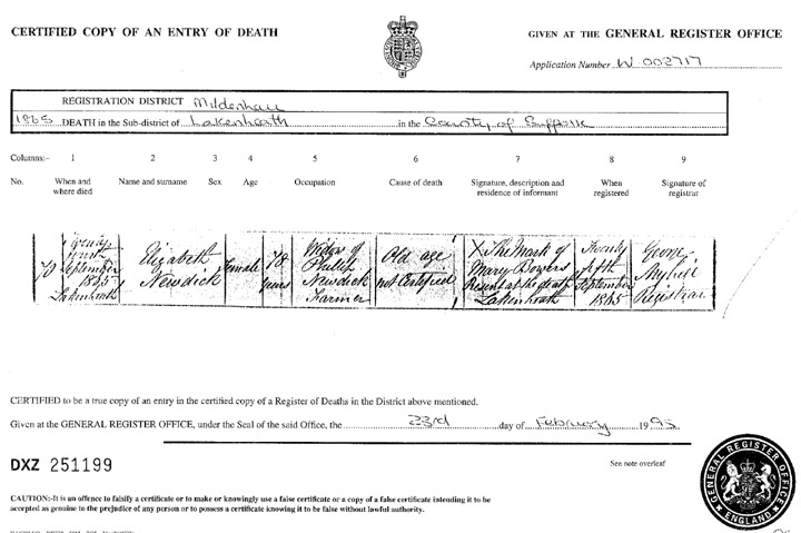 Elizabeth Newdick's Death Registration