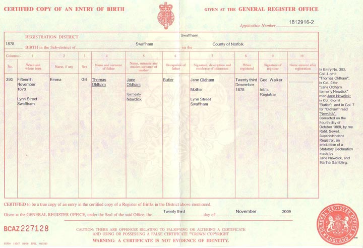 Emma Oldham/Newdick Birth Registration