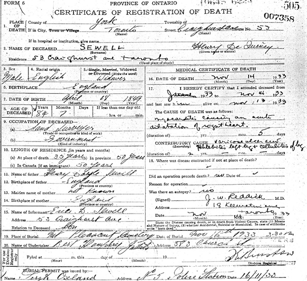 Henry DeQuincy Sewell (II) Death Registration