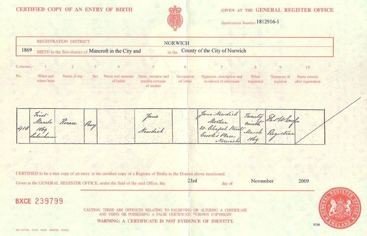Horace Newdick Birth Registration