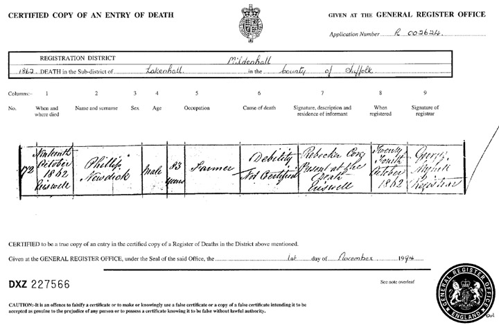 Philip Newdick's Death Registration