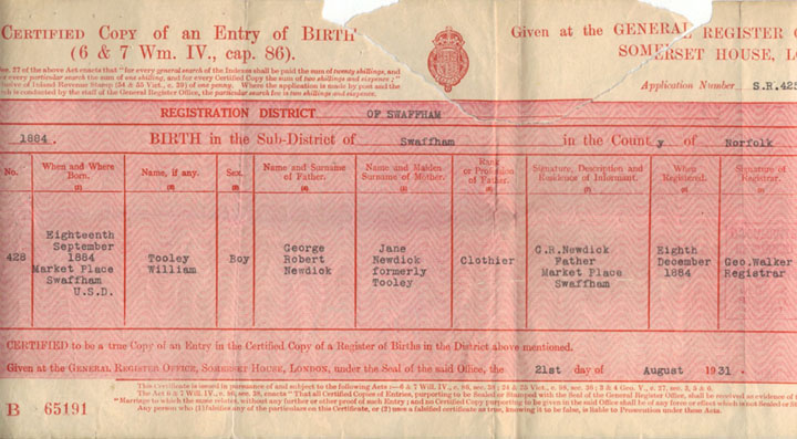 Tooley's birth registration