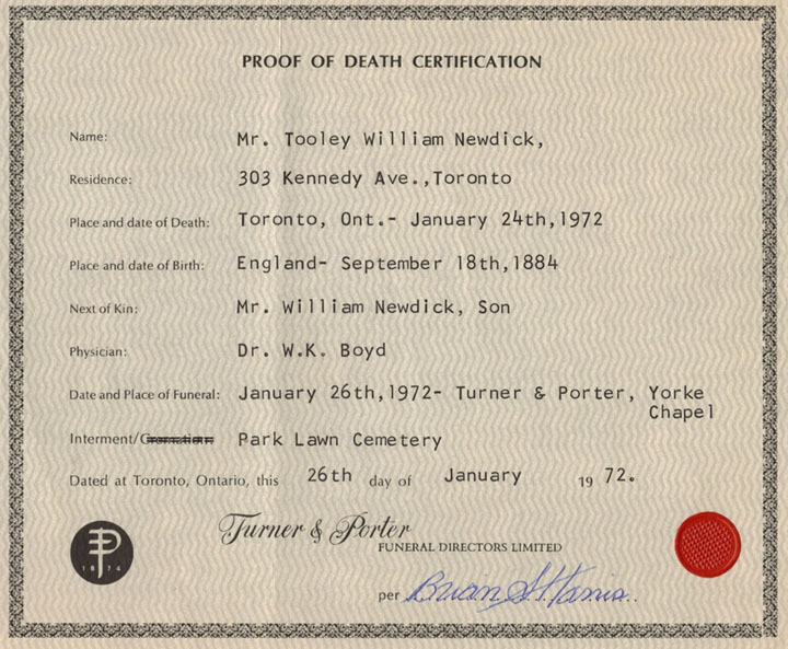 Tooley William Newdick death registration