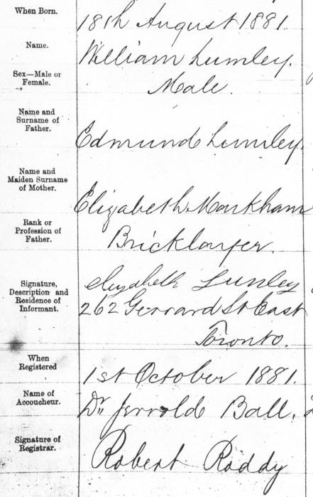 William Lumley Birth Registration August 18, 1881